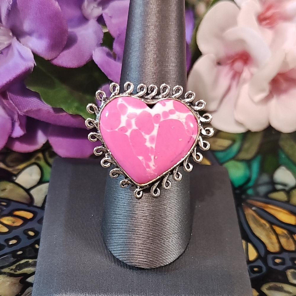 Howlite Pink Heart Gemstone Ring - Size 8 1/2